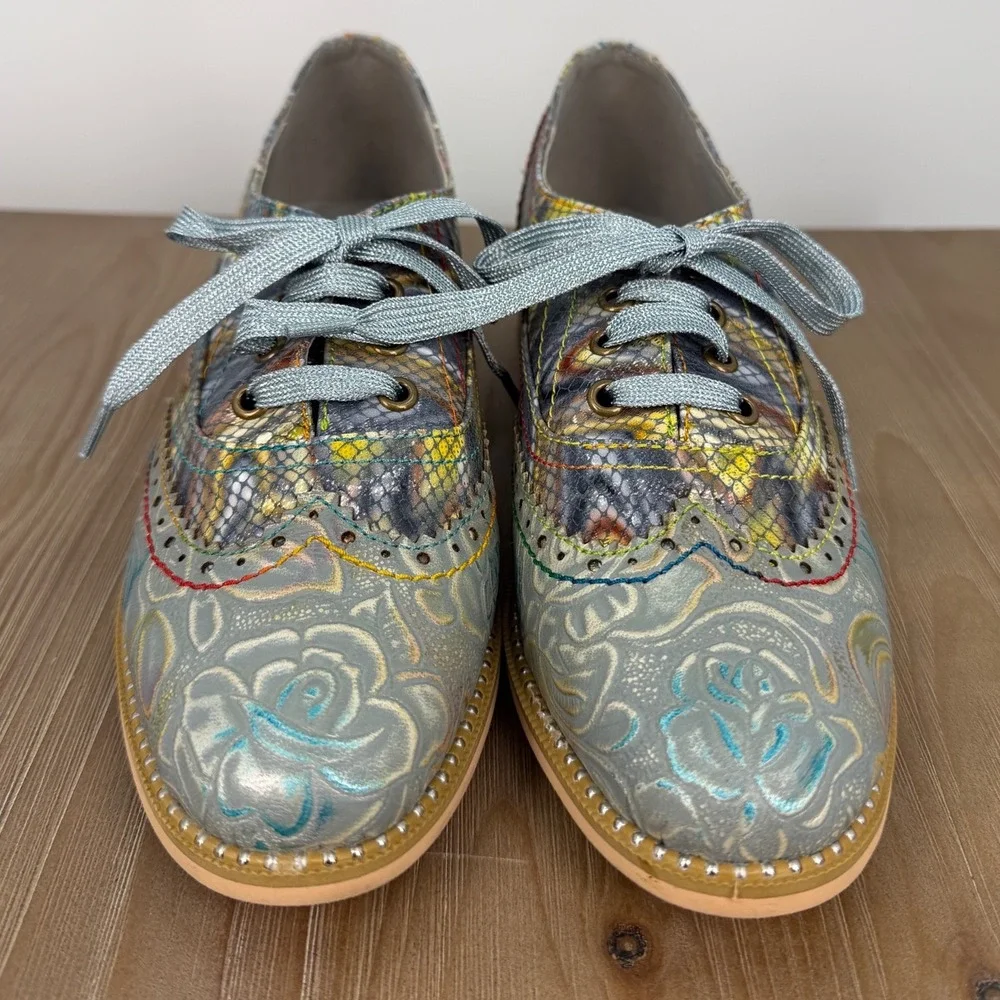 L'Artiste Spring Step Laciox-Blum Lacio Floral Leather Oxford Shoes Blue Sz 37